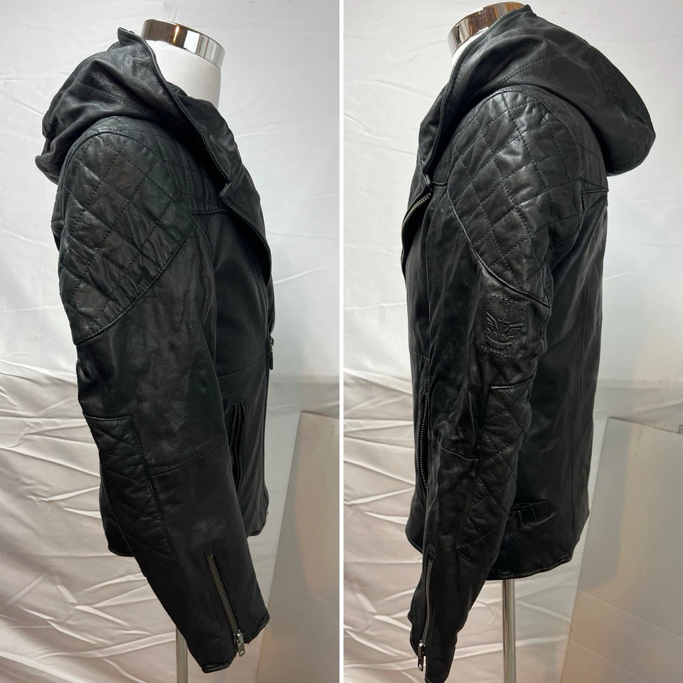 Chaqueta con Capucha De Colección Y2K Para Hombre M Cuero Negro Firetrap Motociclista Ropa de Calle Moto Foto 3 de 4
