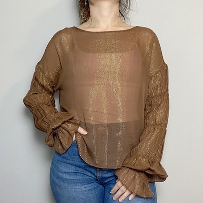Amanda WOMEN'S MEDIUM Uprichard Schmidt Brown Silk Lurex Stripe Top