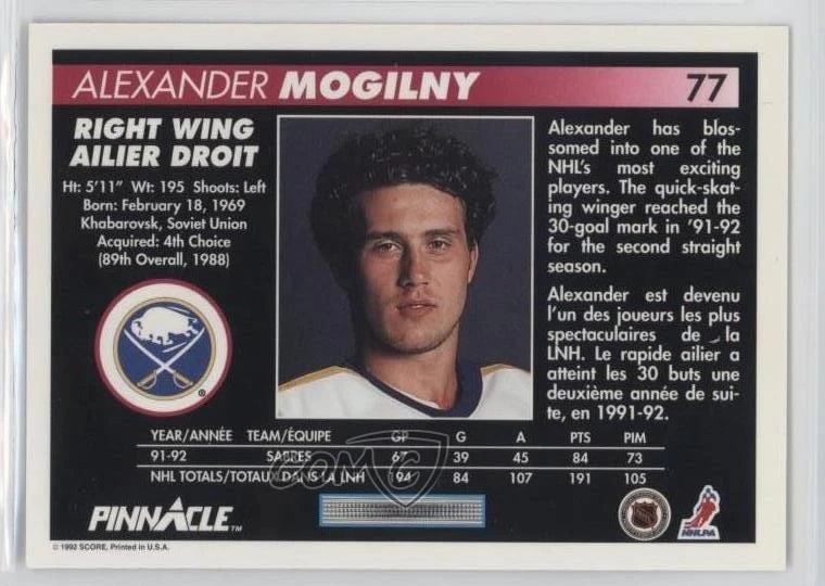 1992-93 Pinnacle Canadian Alexander Mogilny #77 HOF - Image 2 of 2