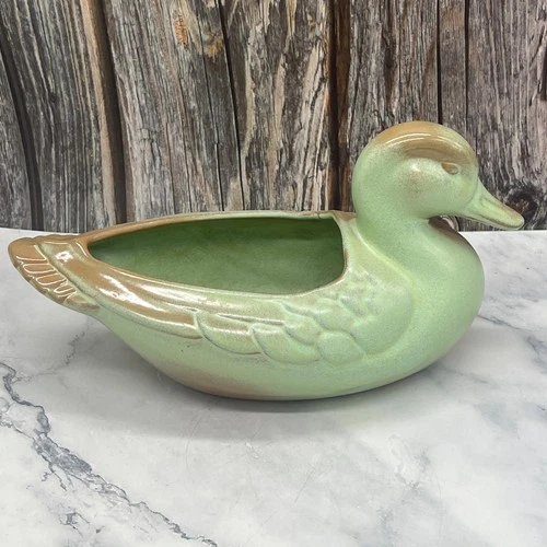 VTG Frankoma Pottery Prairie Green Brown Glazed Mallard Duck Planter 208