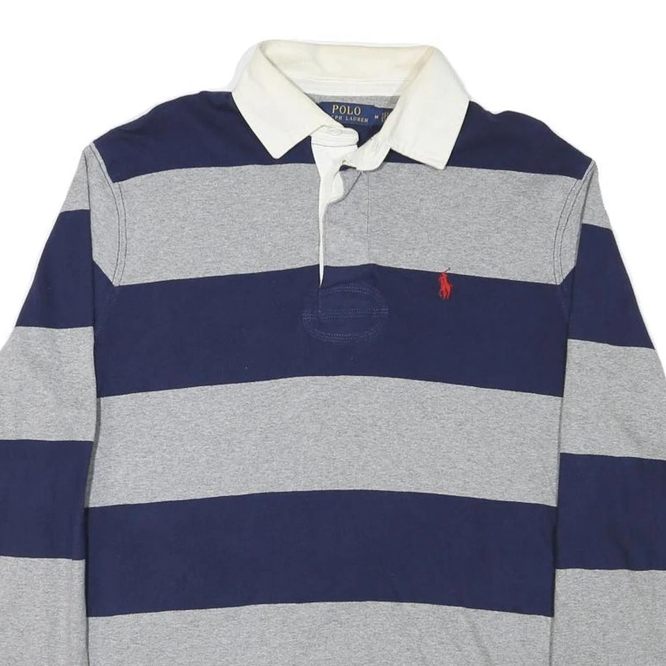 POLO RALPH LAUREN Mens Navy & Grey Striped Long Sleeve Polo Shirt M Cotton Blend - Image 2 of 4