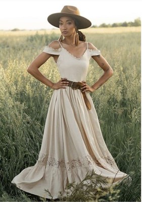 NWT Joyfolie Mia Joy Maxi Coral Dress Taupe Ecru Lace Trim Dress Boho  Sz Xs