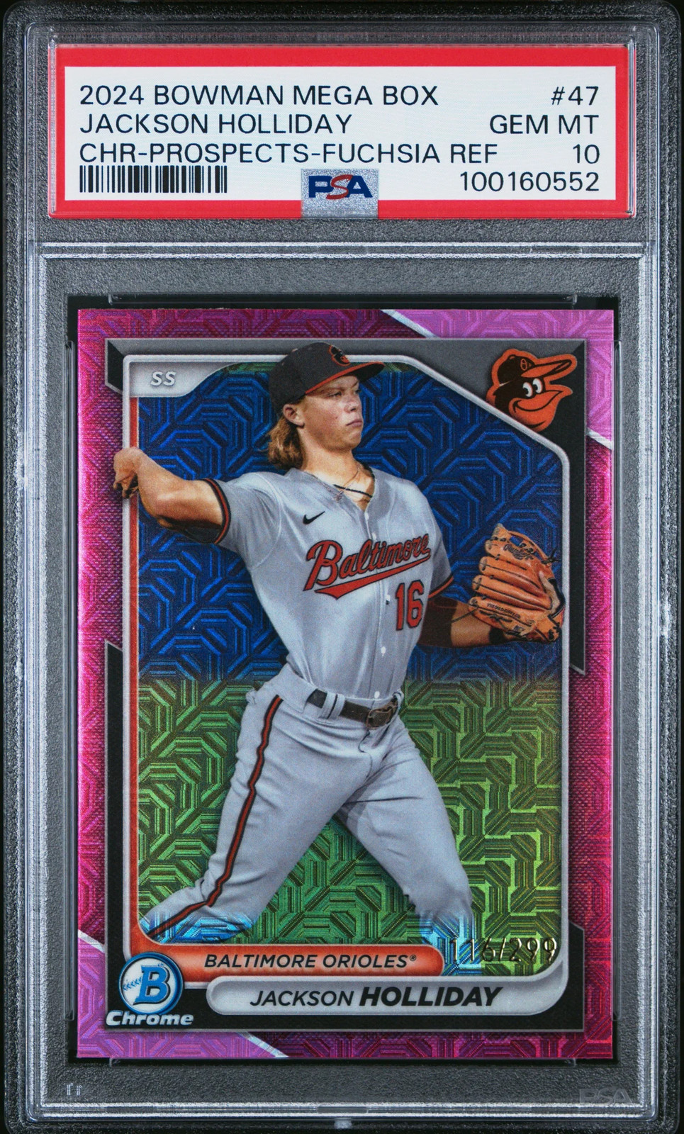 2024 Bowman Mega Box Chrome Prospect Jackson Holliday #47 Fuchsia 116/299 PSA 10 view 1