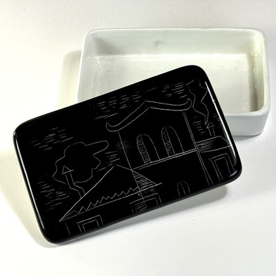 Mancioli Italy Ceramic Cigarette Box Black White Roof Tops Sgraffito Raymor MCM