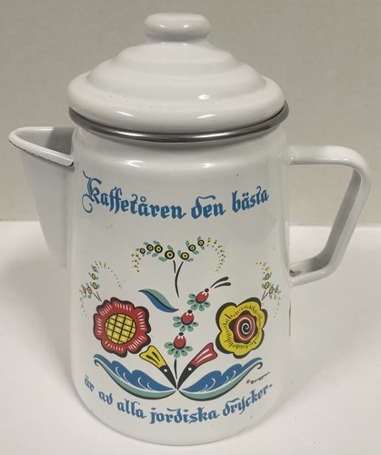 Vintage Swedish Berggren Porcelain Enamelware Coffee Tea Pot Kettle MCM Nice