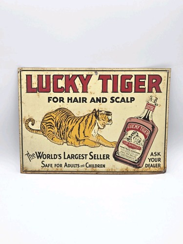 Vintage 1980s LUCKY TIGER Hair Serum Embossed Metal Sign Advertisement