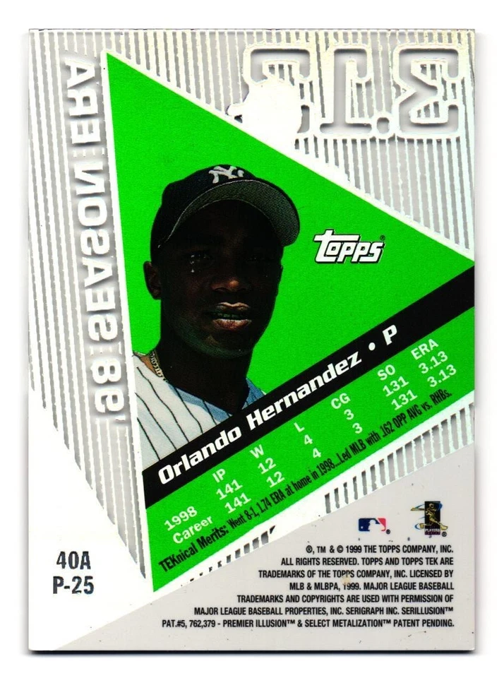 1999 Topps Tek #40A Orlando Hernandez New York Yankees Pattern 25 - Image 2 of 2