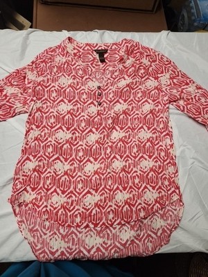Bit & Bridle Button Down Shirt Women's Size  Large Red 3/4 Sleeves V Neck!