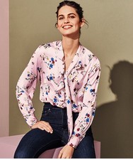 M&S Women's Pink Floral Ruffle Blouse Satin Spring Size 14 Neck Tie Pussy Bow