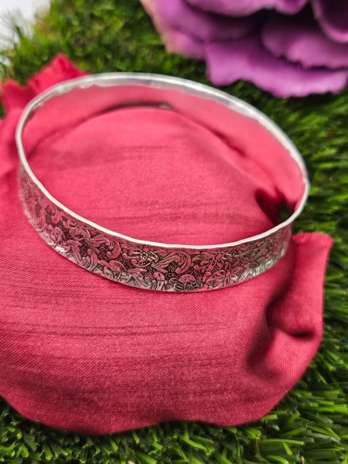 Solid Silver Slip On Bangle, Floral Pattern, Styl… - image 5
