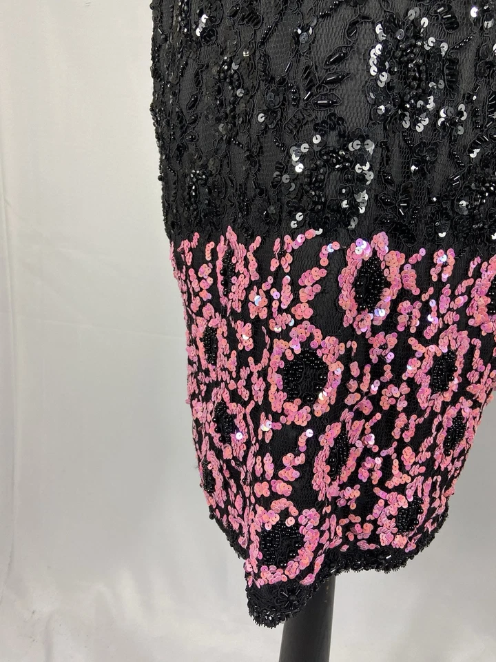 Vestido de noche BILL BLASS vintage negro con cuentas de cóctel manga corta talla 10 Foto 3 de 4