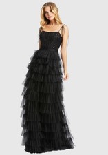 IEENA FOR MAC DUGGAL Black Sequined Bustier Tiered Ruffle Gown Size 16
