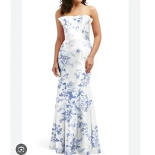 Alfred Sung Cottage Rose Floral Ruffle Strapless Trumpet Gown Print Size 18 NEW