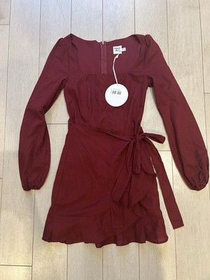 NWT Princess Polly The Villa Mini Dress Burgundy Maroon Linen Blend Tie Waist 2