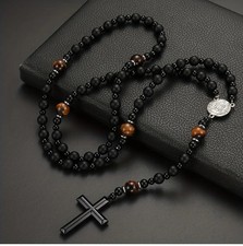 Herren Halskette, Kette mit Anhänger Kreuz, Naturstein, Geschenk für Männer