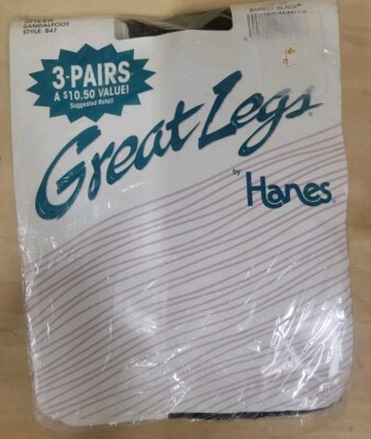 Vintage 90's Hanes Great Legs Pantyhose 3 Pair Pack Size EF Barely Black