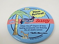 White Cloud Diapers Sassy Pin Button Advertising 2002 Yoko Ono Lennon Art