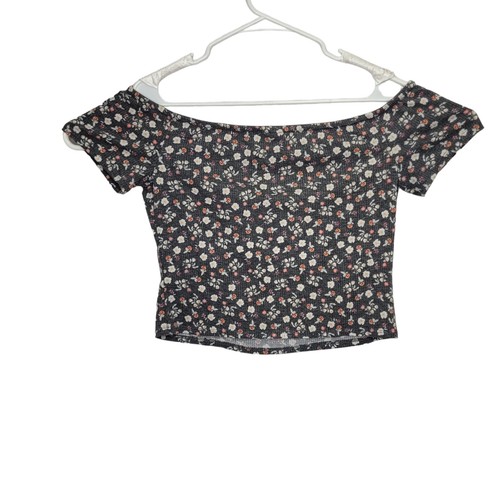 Mossimo Black Floral Pattern Shoulder Crop Top Womens Size Large Polyester - Picture 2 of 6