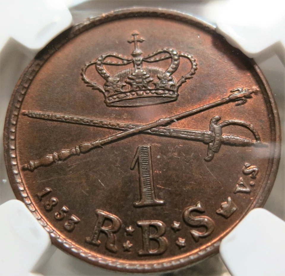 DENMARK 1 Rigsbank Skilling R.B.S. 1853 NGC MS 63 BN UNC Mint Red Bronze Sword - Image 2 of 3