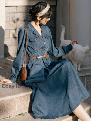 Retro Denim Dress Women's Autumn Luxury Button Long Sleeves
