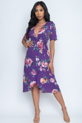 Plum Purple Floral Wrap Midi Maxi Dress Size Small Business Travel | eBay