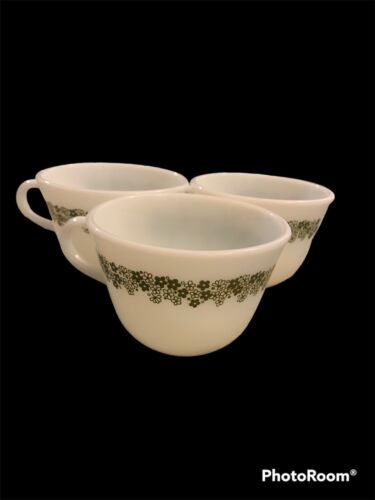 3 Vintage PYREX Milk Glass Crazy Daisy Spring Blossom Coffee Tea Cup Mug Green - Picture 1 of 2