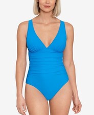 Swim Solutions Women's Tummy-Control Plunge Mio One-Piece Swimsuit Blue Size 18
