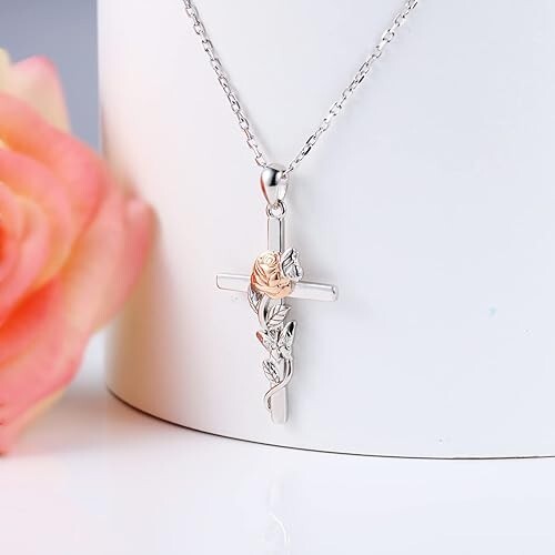 925 Sterling Silver Rose Flower Cross Pendant Necklace Jewelry Gift for Women - Picture 2 of 4