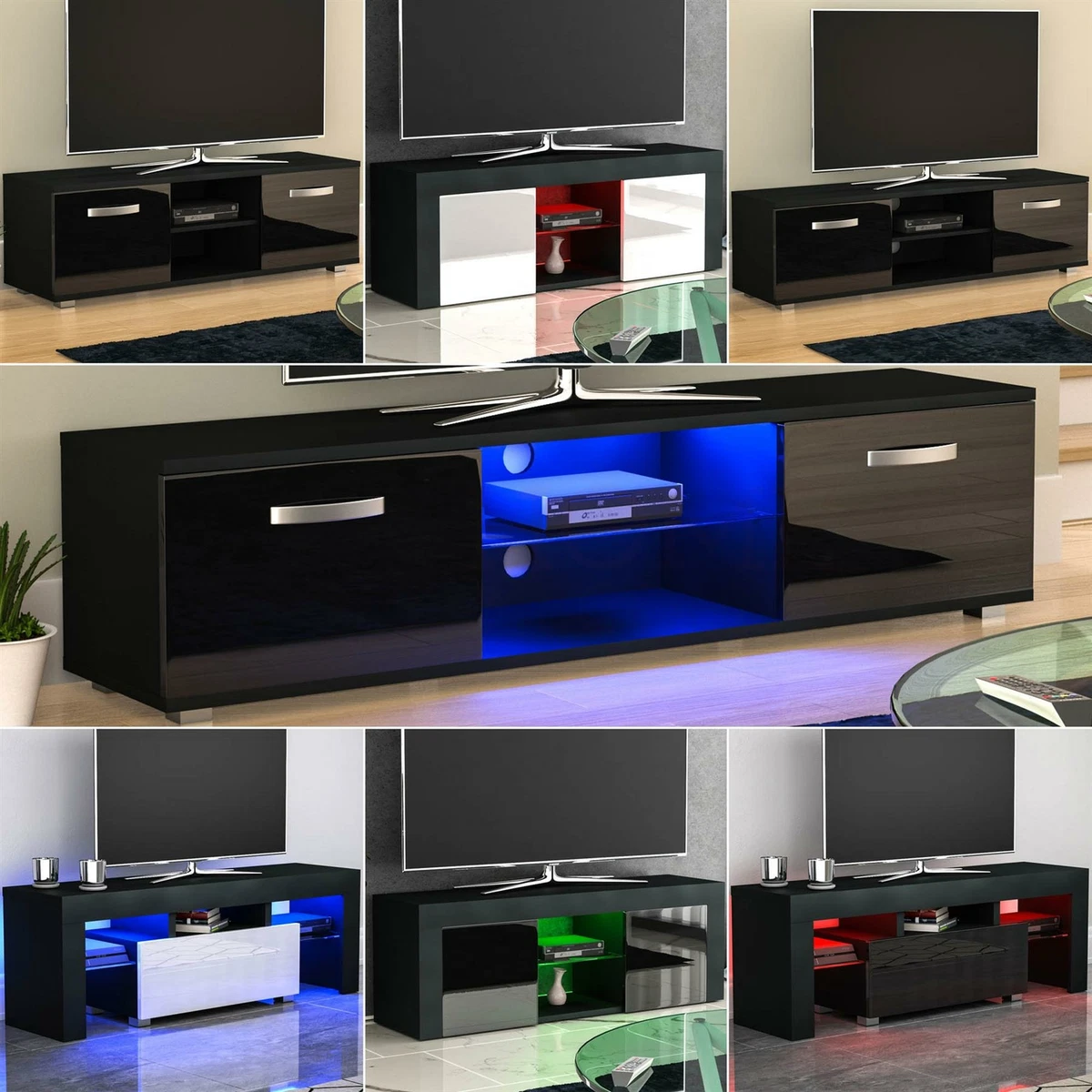 LED TV Stand Cabinet Unit Drawer Gloss Matte MDF Entertainment Modern Black RGB