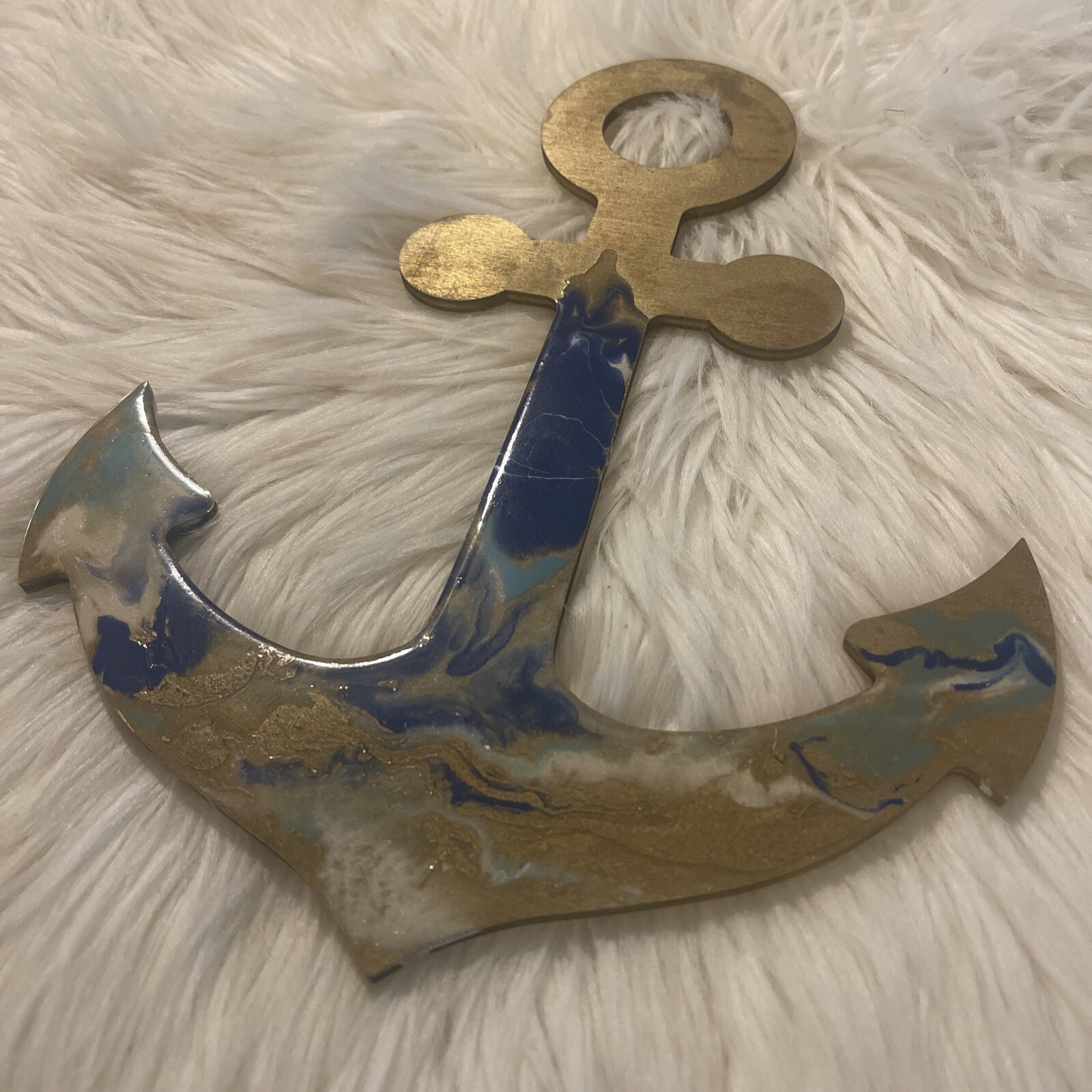 Nautical Anchor Wall Decor Wood Epoxy Resin 11.5” X 8.75” Gold Blue White Teal-image