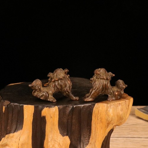 Collectible tea pet Old copper carved pair foo fu dog statue desktop lion lovely - Picture 4 of 7