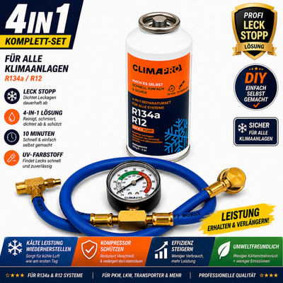 SET 4in1 Kältemittel R134a/ R12 Ersatzgas, Öl, Dichtmittel inkl. Füllschlauch