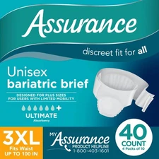 Assurance Unisex Maximum Incontinence Briefs with Tabs, Bariatric 40 Count