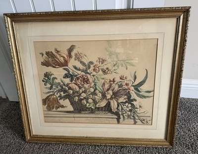  Hand Colored Botanical Engraving Jean Baptiste Monnoyer Fleurs Flowers Basket 