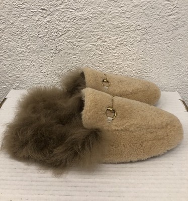 RE-TAKE Gucci Princetown Beige Suede Fur Lined Loafers Sheep Skin 39 US 9 K150