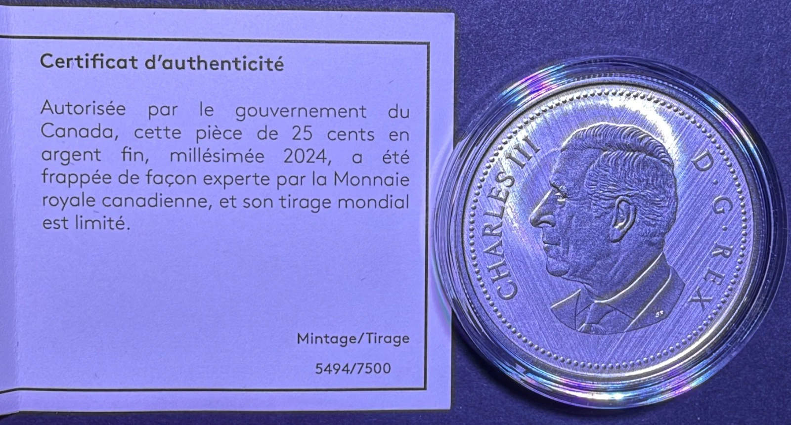 2024 Silver 1 oz Coin Canada Caribou 25 cent W Winnipeg Mint Mark  w/Box & COA image 3