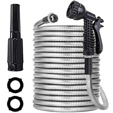 50ft Stainless Steel Garden Hose with 2 Nozzle Flexible Water 50 Feet, Silver