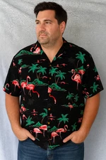 Paradise Found Hawaiian Shirt 2XL Flamingos Palm Trees Pocket Black Pink Cotton