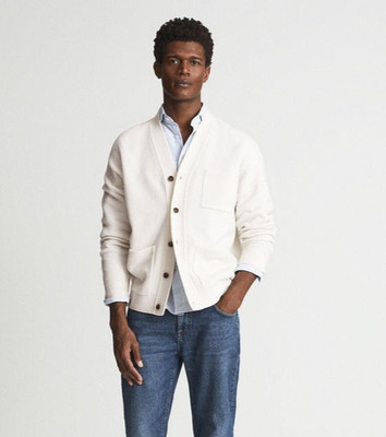REISS HERREN Andrews Merinowolle Strickjacke Oberteil in Ecru Größe S