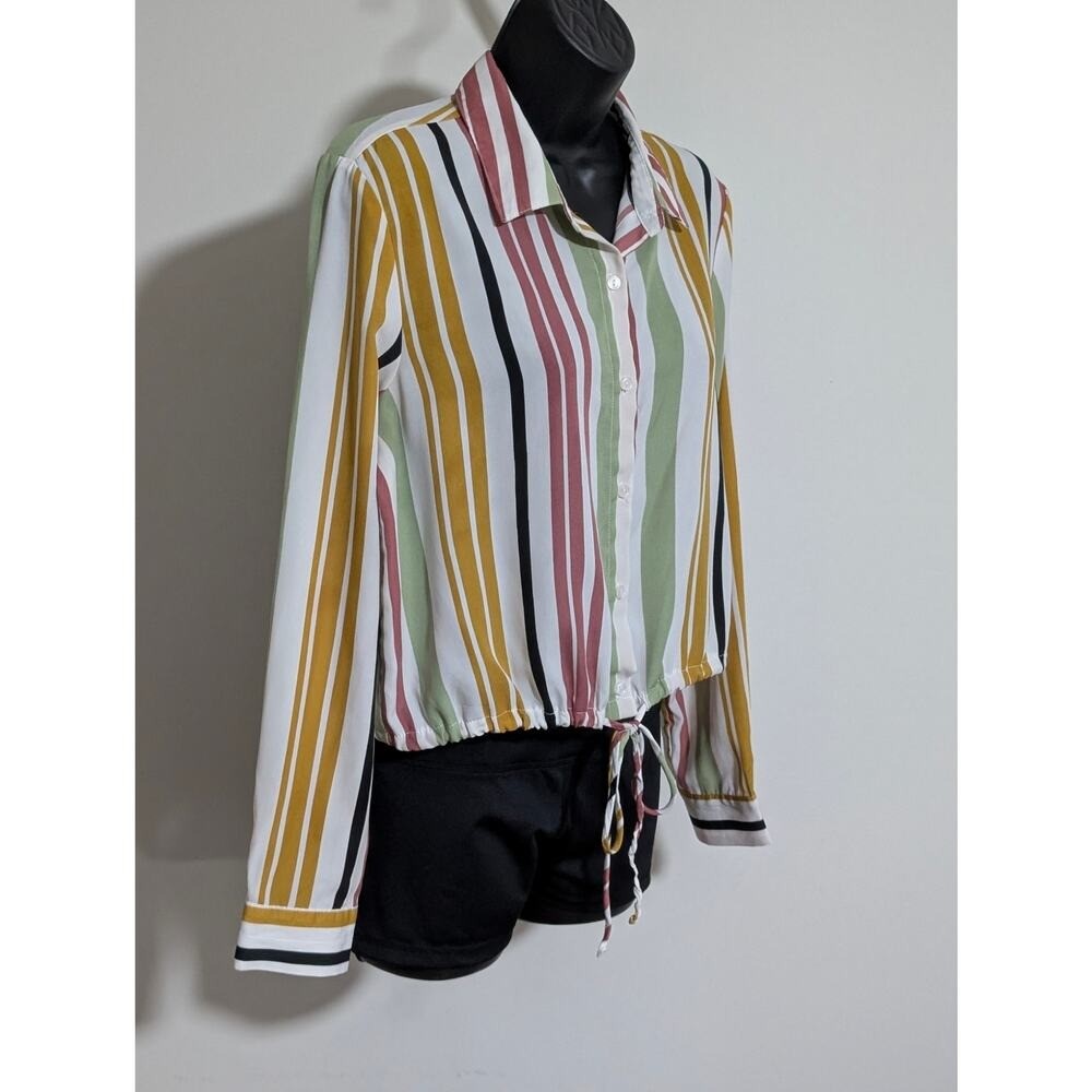 Timing Multicolor Striped Button Down Blouse Tie … - image 2