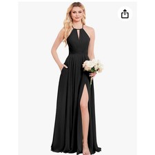 EUC Stunning AZAZIE Chiffon Open Back High Slit Black Halter Evening Gown Size 6