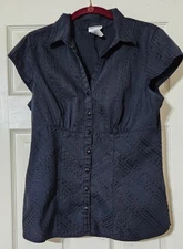 Vtg Fashion Bug Cap Sleeve Empire Waist Cinched Pinstripe Poplin Top Low Neck