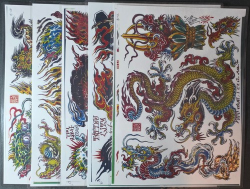 Lot Of 5 2000 Tim Lehi Traditional Vintage Style Tattoo Flash Sheets Dragons
