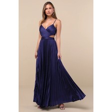 NWT Lulus Got the Glam Navy Blue Pleated Cutout Satin Maxi Dress Small Gala