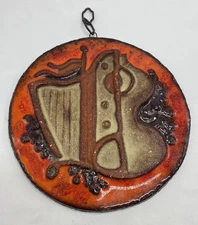 MCM STONEWARE ABSTRACT CUBIST HARP & GUITAR MUSICAL WALL PLAQUE