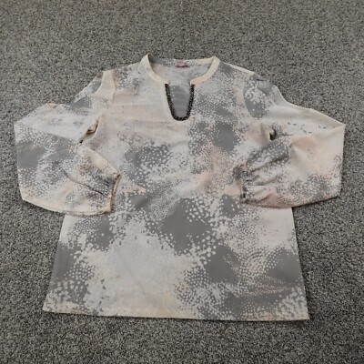 Juicy Couture Shirt Womens M White Gray Abstract Art Long Sleeve Blouse Top Y2K