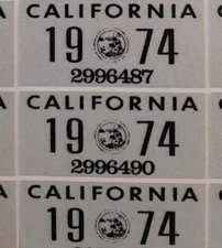 1974 California License Plate Sticker, YOM, CA, DMV, Registration