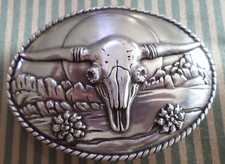Longhorn Skull Silver Tone Belt Buckle with Desert Scene