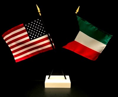1 American & 1 Country Mini Rayon 4''x6'' Desk Flag Set with Crossed 2-Hole Base