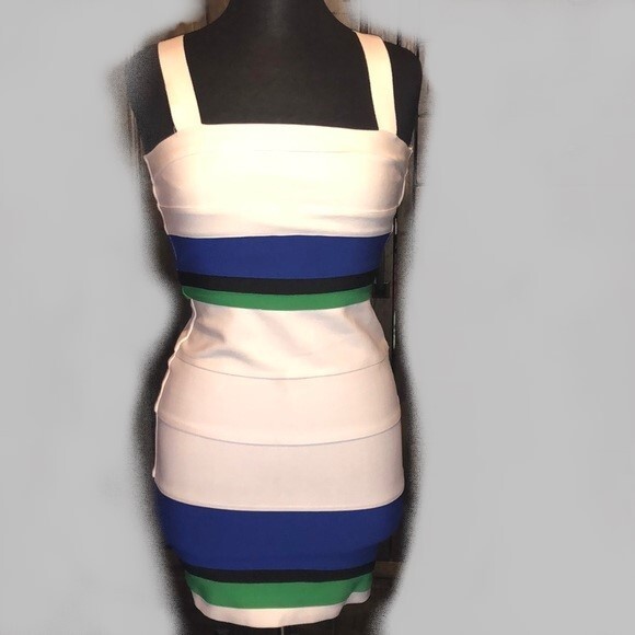 WOW Couture White w/Blue/Green/Black Stripe Bandage Bodycon Dress Sz L |  eBay